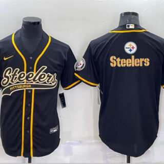 Men's Pittsburgh Steelers Black Team Big Logo With Patch Cool Base Stitched Baseball Jersey