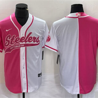 Men's Pittsburgh Steelers Blank White Pink Split Cool Base Stitched Baseball Jersey