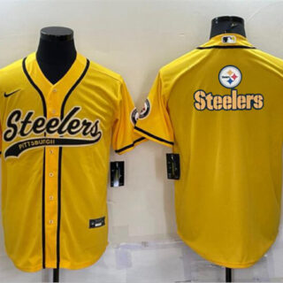 Men's Pittsburgh Steelers Yellow Team Big Logo With Patch Cool Base Stitched Baseball Jersey
