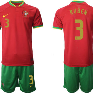 Men's Portugal #3 Ruben Red Home Soccer Jersey Suit