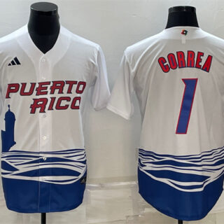 Men's Puerto Rico Baseball #1 Carlos Correa 2023 White World Baseball Classic Replica Stitched Jersey