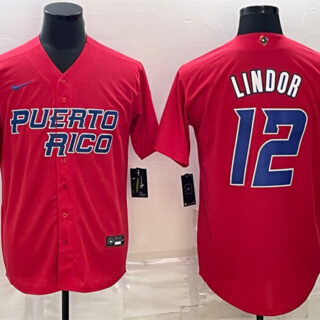 Men's Puerto Rico Baseball #12 Francisco Lindor 2023 Red World Baseball Classic Replica Stitched Jersey