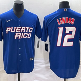 Men's Puerto Rico Baseball #12 Francisco Lindor 2023 Royal World Baseball Classic Stitched Jersey