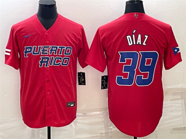 Men's Puerto Rico Baseball #39 Edwin Díaz 2023 Red World Baseball Classic Replica Stitched Jersey