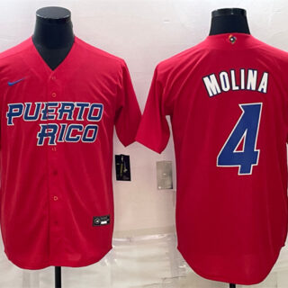 Men's Puerto Rico Baseball #4 Yadier Molina 2023 Red World Baseball Classic Replica Stitched Jersey
