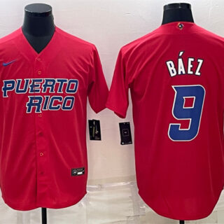 Men's Puerto Rico Baseball #9 Javier Báez 2023 Red World Baseball Classic Replica Stitched Jersey