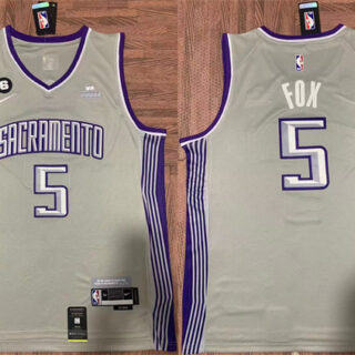 Men's Sacramento Kings #5 De'Aaron Fox Gray No.6 Patch Stitched Jersey