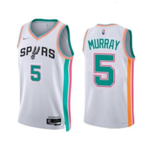 Men's San Antonio Spurs #5 Dejounte Murray 2021 22 White City Edition Stitched Jersey