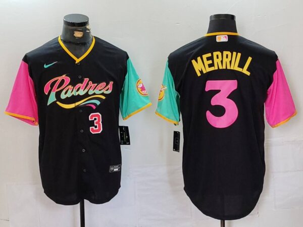 Men's San Diego Padres #3 Jackson Merrill Black City Connect Cool Base Stitched Baseball Jerseys