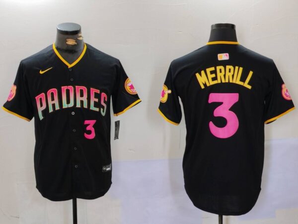 Men's San Diego Padres #3 Jackson Merrill Black Cool Base Stitched Baseball Jerseys