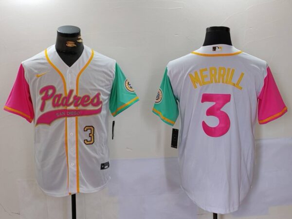 Men's San Diego Padres #3 Jackson Merrill White Cool Base Stitched Baseball Jersey
