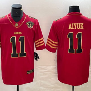 Men's San Francisco 49ers #11 Brandon Aiyuk Red Gold With 75th Anniversary Patch Stitched Jersey