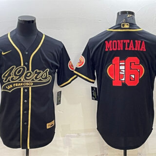 Men's San Francisco 49ers #16 Joe Montana Black Gold Team Big Logo With Patch Cool Base Stitched Baseball Jersey
