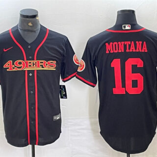 Men's San Francisco 49ers #16 Joe Montana Black With Patch Cool Base Stitched Baseball Jersey
