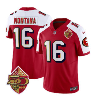Men's San Francisco 49ers #16 Joe Montana Red White 2023 F.U.S.E. 50th Patch Throwback Stitched Football Jersey