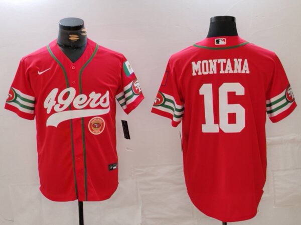 Men's San Francisco 49ers #16 Joe Montana Red With Patch Cool Base Stitched Baseball Jerseys