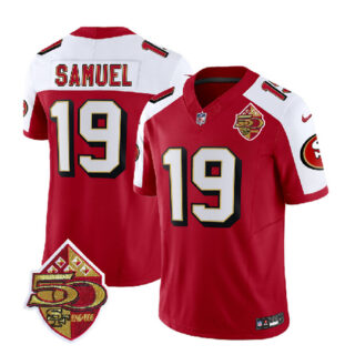 Men's San Francisco 49ers #19 Deebo Samuel Red White 2023 F.U.S.E. 50th Patch Throwback Stitched Football Jersey