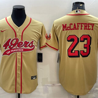 Men's San Francisco 49ers #23 Christian McCaffrey New Gold With Patch Cool Base Stitched Baseball Jersey