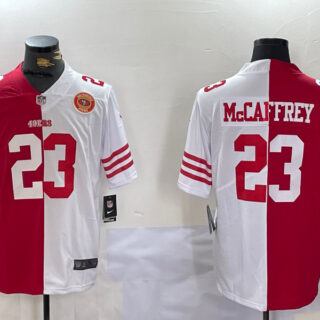Men's San Francisco 49ers #23 Christian McCaffrey Red & White Split Limited Stitched Jerseys
