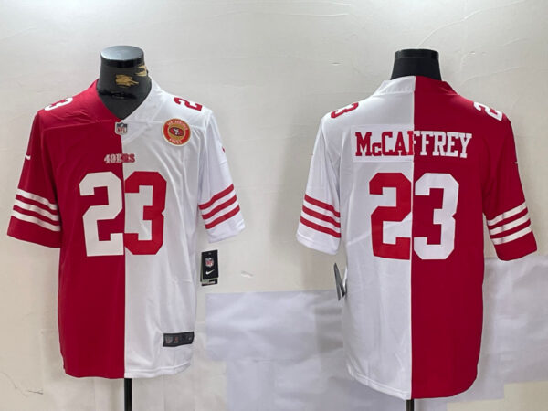 Men's San Francisco 49ers #23 Christian McCaffrey Red & White Split Limited Stitched Jerseys