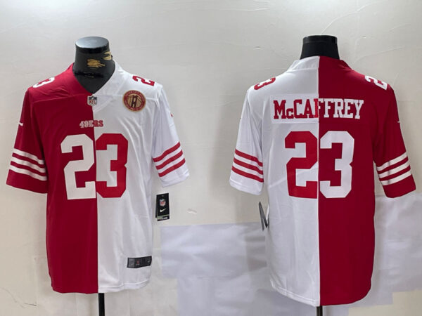 Men's San Francisco 49ers #23 Christian McCaffrey Red & White Split Limited Stitched Jerseys