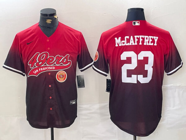 Men's San Francisco 49ers #23 Christian McCaffrey Red Black With Patch Cool Base Stitched Baseball Jerseys