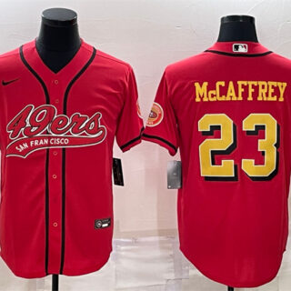 Men's San Francisco 49ers #23 Christian McCaffrey Red Gold With Patch Cool Base Stitched Baseball Jersey