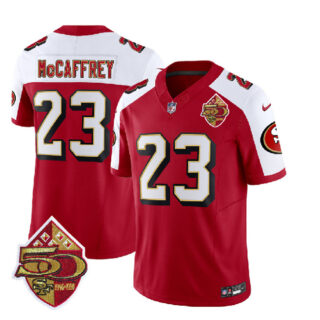 Men's San Francisco 49ers #23 Christian McCaffrey Red White 2023 F.U.S.E. 50th Patch Throwback Stitched Football Jersey