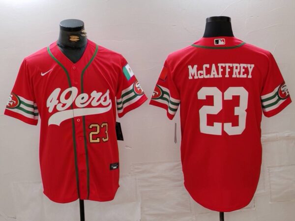 Men's San Francisco 49ers #23 Christian McCaffrey Red With Patch Cool Base Stitched Baseball Jerseys