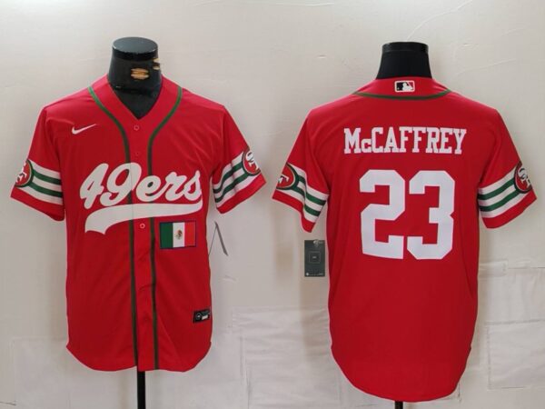 Men's San Francisco 49ers #23 Christian McCaffrey Red With Patch Cool Base Stitched Baseball Jerseys