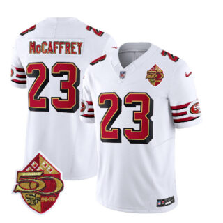 Men's San Francisco 49ers #23 Christian McCaffrey White 2023 F.U.S.E. 50th Patch Vapor Untouchable Limited Stitched Football Jersey