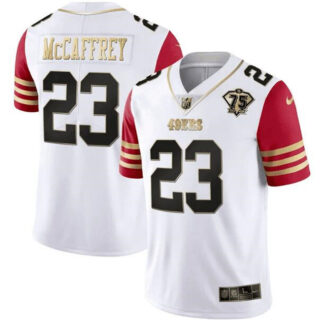 Men's San Francisco 49ers #23 Christian McCaffrey White Red With 75th Anniversary Patch Stitched Jersey