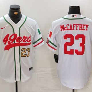 Men's San Francisco 49ers #23 Christian McCaffrey White With Patch Cool Base Stitched Baseball Jersey