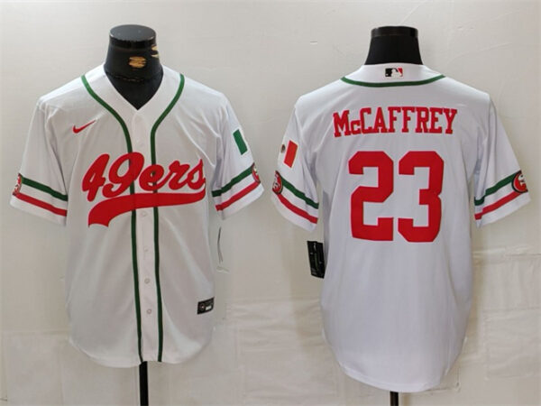 Men's San Francisco 49ers #23 Christian McCaffrey White With Patch Cool Base Stitched Baseball Jersey