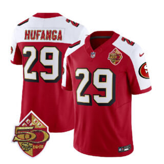 Men's San Francisco 49ers #29 Talanoa Hufanga Red White 2023 F.U.S.E. 50th Patch Throwback Stitched Football Jersey