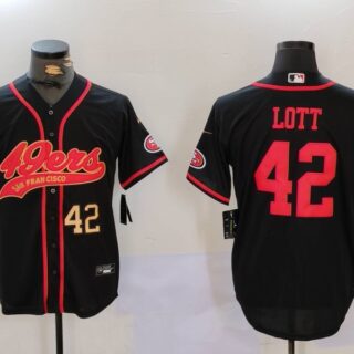Men's San Francisco 49ers #42 Ronnie Lott Black With Patch Cool Base Stitched Baseball Jersey