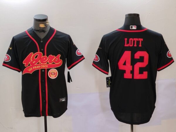 Men's San Francisco 49ers #42 Ronnie Lott Black With Patch Cool Base Stitched Baseball Jerseys