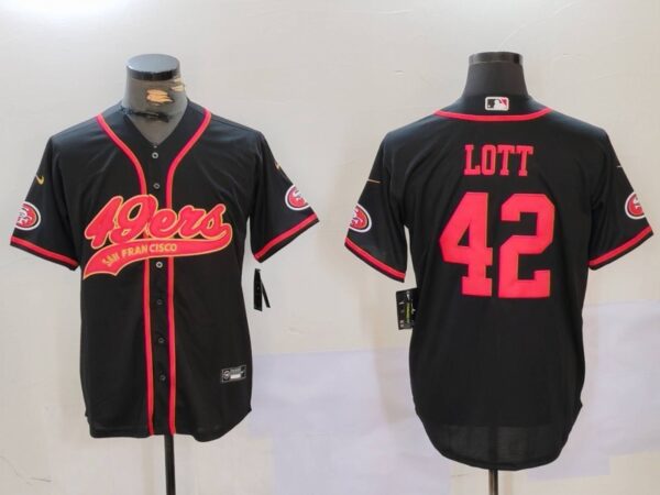 Men's San Francisco 49ers #42 Ronnie Lott Black With Patch Cool Base Stitched Baseball Jerseys