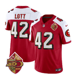 Men's San Francisco 49ers #42 Ronnie Lott Red White 2023 F.U.S.E. 50th Patch Throwback Stitched Football Jersey