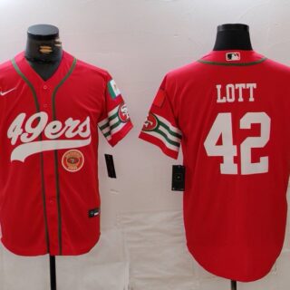 Men's San Francisco 49ers #42 Ronnie Lott Red With Patch Cool Base Stitched Baseball Jerseys