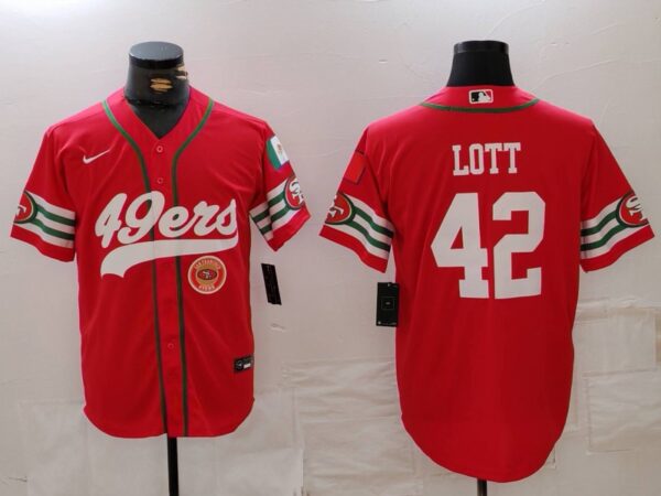 Men's San Francisco 49ers #42 Ronnie Lott Red With Patch Cool Base Stitched Baseball Jerseys