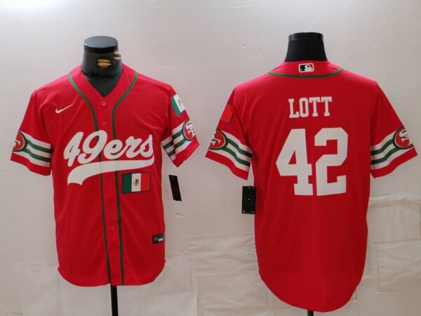 Men's San Francisco 49ers #42 Ronnie Lott Red With Patch Cool Base Stitched Baseball Jerseys