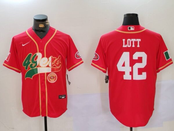 Men's San Francisco 49ers #42 Ronnie Lott Red With Patch Cool Base Stitched Baseball Jerseys