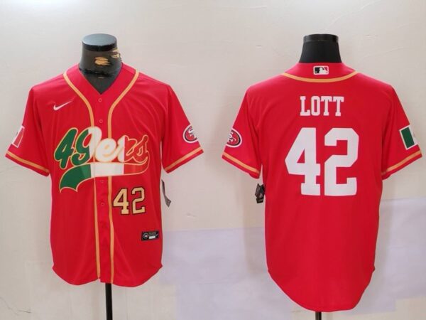 Men's San Francisco 49ers #42 Ronnie Lott Red With Patch Cool Base Stitched Baseball Jerseys