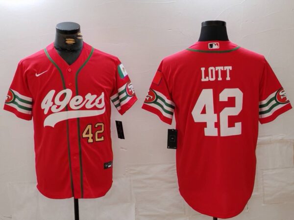 Men's San Francisco 49ers #42 Ronnie Lott Red With Patch Cool Base Stitched Baseball Jerseys