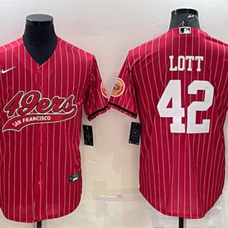 Men's San Francisco 49ers #42 Ronnie Lott Red With Patch Cool Base Stitched Baseball Jersey