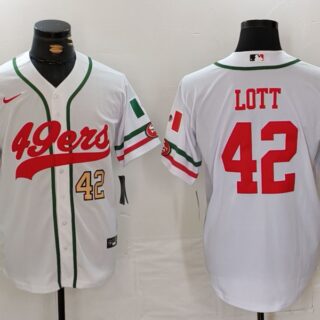 Men's San Francisco 49ers #42 Ronnie Lott White With Patch Cool Base Stitched Baseball Jersey