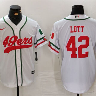 Men's San Francisco 49ers #42 Ronnie Lott White With Patch Cool Base Stitched Baseball Jersey