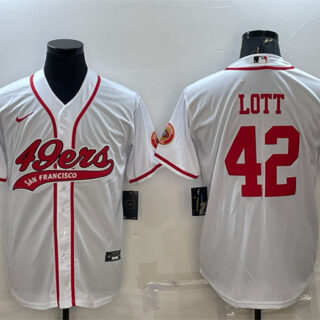 Men's San Francisco 49ers #42 Ronnie Lott White With Patch Cool Base Stitched Baseball Jersey