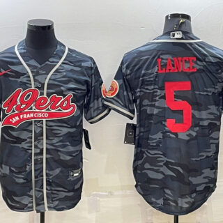 Men's San Francisco 49ers #5 Trey Lance Grey Red Camo With Patch Cool Base Stitched Baseball Jersey
